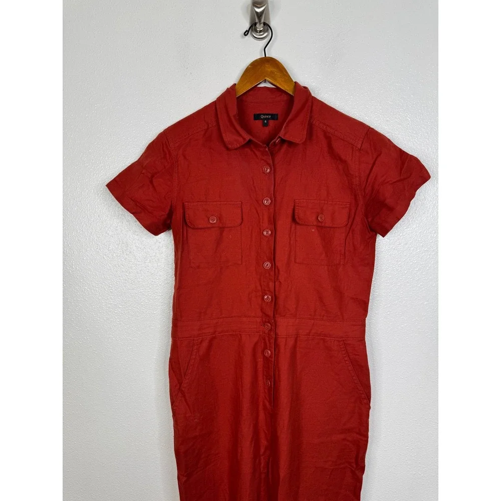 Quince Cotton Linen Twill Short Sleeve Coverall Jumpsuit Rust Red Small KDW01 - Picture 3 of 6